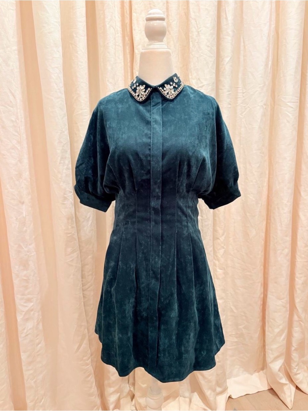 TCEC Emerald Velvet Mini Dress with Jeweled Collar